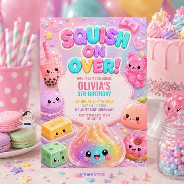 Söt Glittrig Dumplings Squishy Födelsedagsfest Inbjudningar (Rainbow Cute Glitter Dumpling Squishy Party Birthday Invitation )
