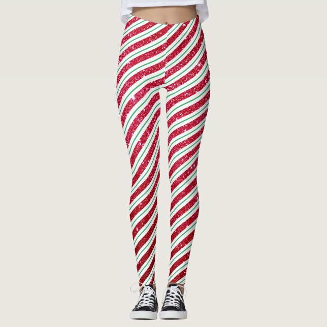 Söt glittrig randig julstav-mönstrad julklänning leggings (Framsida)
