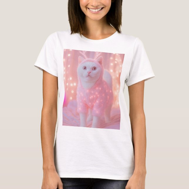 Söt Glödande Ren Katt Vinter Fantasi         T Shirt (Framsida)