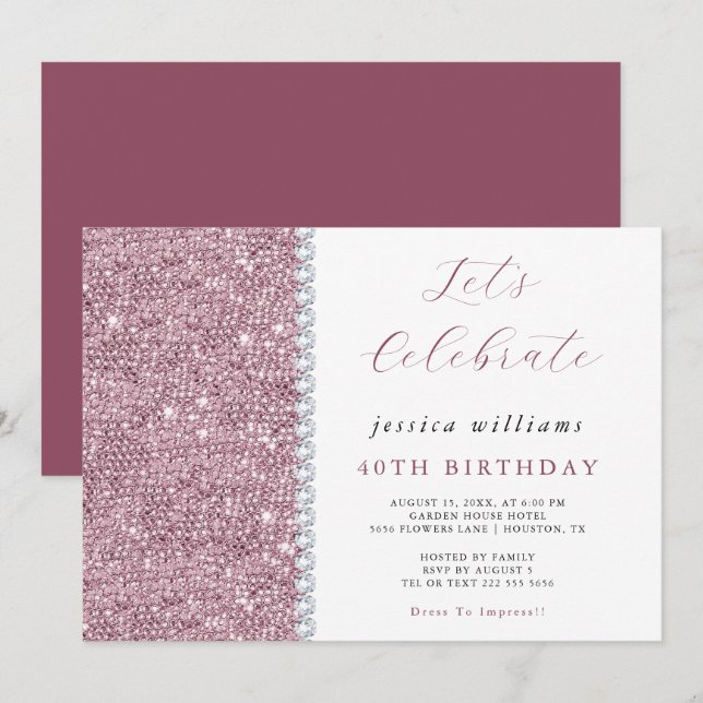 Söt Gnistra Sequins & Diamonds Mauve Birthday Inbjudningar (Fram/baksida)