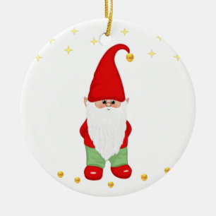 Söt Gnome, Stjärnor och Guld Konfetti på Vitt Julgransprydnad Keramik