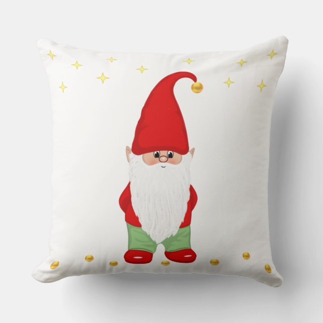 Söt Gnome, Stjärnor och Guld Konfetti på Vitt Kudde (Framsida)