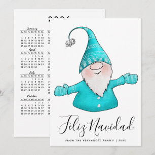 Söt Gnome Teal Blå Feliz Navidad 2026 Kalender Julkort