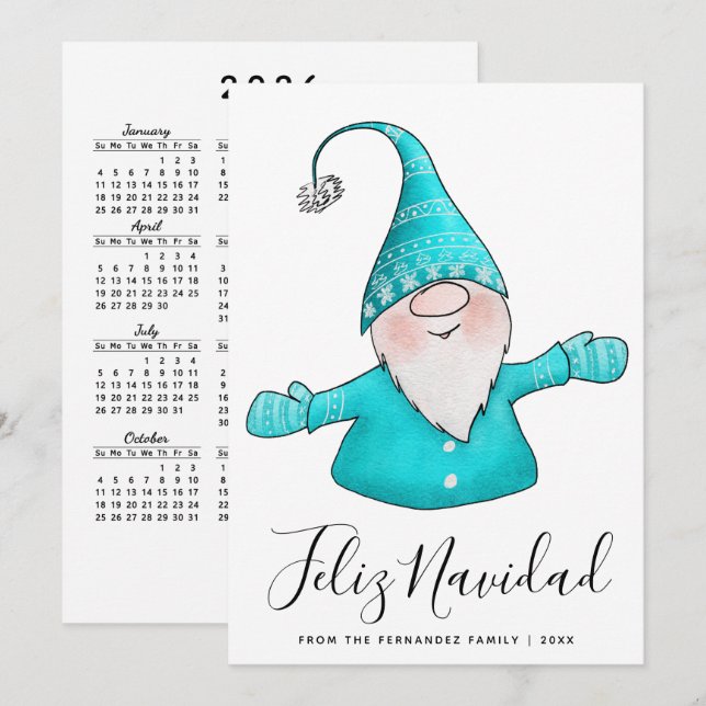Söt Gnome Tealblå Glad jul 2026 Kalender Julkort (Fram/baksida)