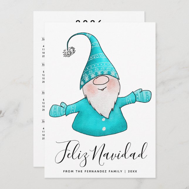 Söt Gnome Tealblå God Jul 2026 Kalender Julkort (Fram/baksida)