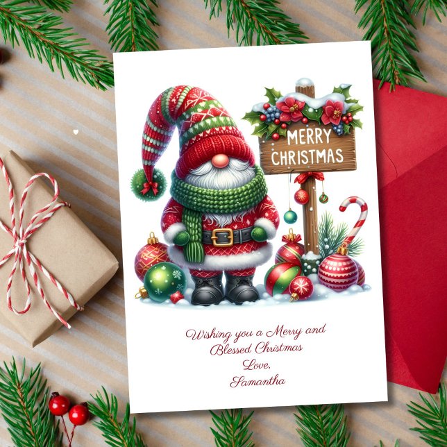 Söt Gnome Tomte Julkort (Gnome Santa Christmas Holiday Card. Personalize it with your message)
