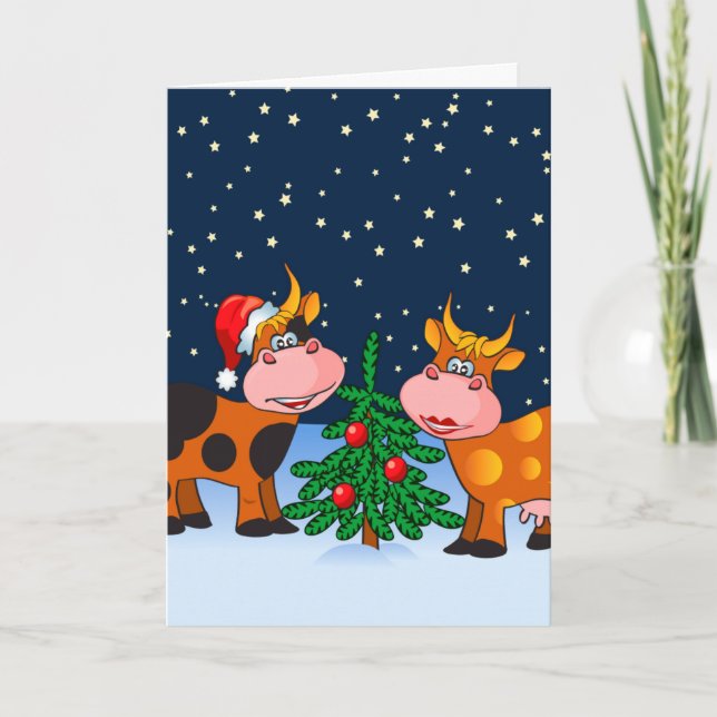 Söt God jul Kow par efter Julgran Helgkort (Framsida)