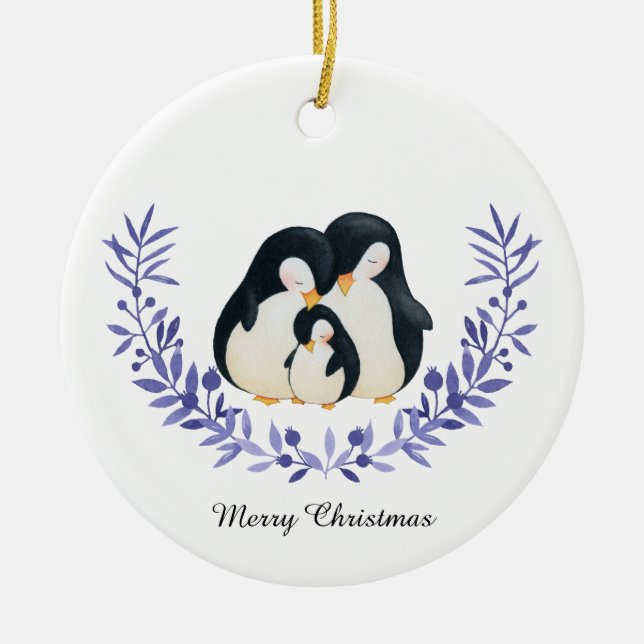 Söt God Jul Pingvinfamilj Julgransprydnad Keramik (Framsidan)