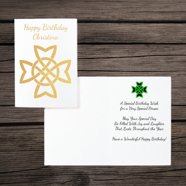 Söt Gold Foil Irish Celtic Knot Birthday Wish Folierat Kort (Gold Foil Celtic Irish knot design with green and black knot design on Happy Birthday greeting card.)
