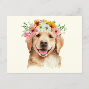 Söt Golden Retriever Hund med Blommor Vykort