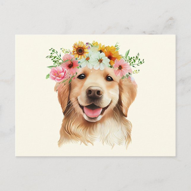 Söt Golden Retriever Hund med Blommor  Vykort (Framsida)