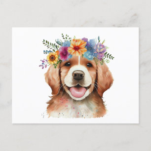 Söt Golden Retriever Hund med Blommor Vykort