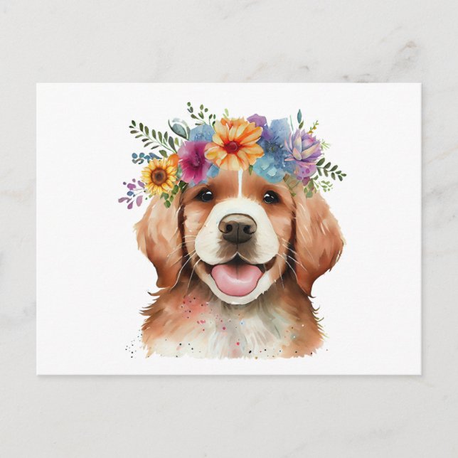 Söt Golden Retriever Hund med Blommor Vykort (Framsida)