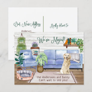Söt Golden Retriever Mysig Ny Hem Inflyttning Meddelande Vykort