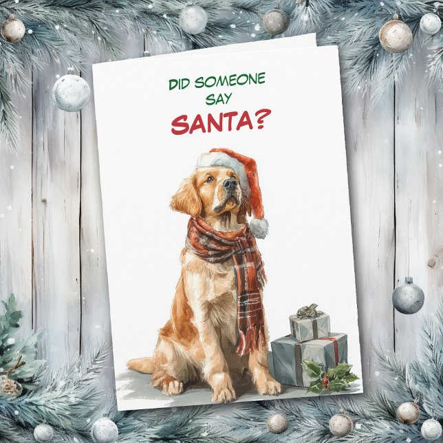 Söt Golden Retriever söker efter Tomte Helgkort (Skapare uppladdad)