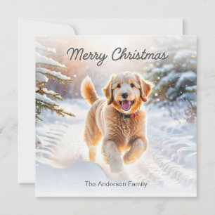 Söt Goldendoodle-hund i snö God Jul Julkort