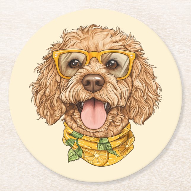 Söt Goldendoodle Hund Solglasögon Apelsiner Underlägg Papper Rund (Framsidan)
