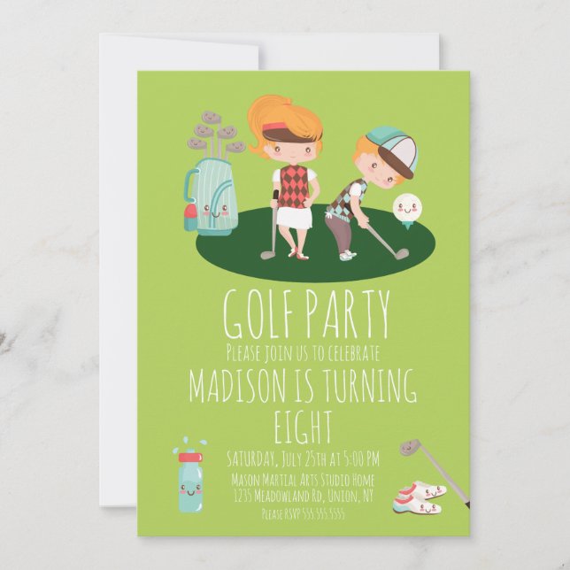 Söt golf födelsedagsfest för pojke och flicka grön inbjudningar (Framsida)