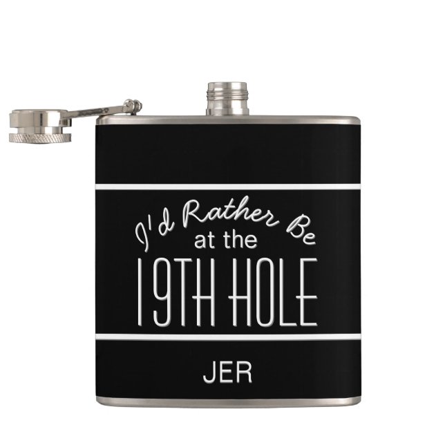 Söt golfare 19:e hålet monogram initialer svart fickplunta (Öppnad)