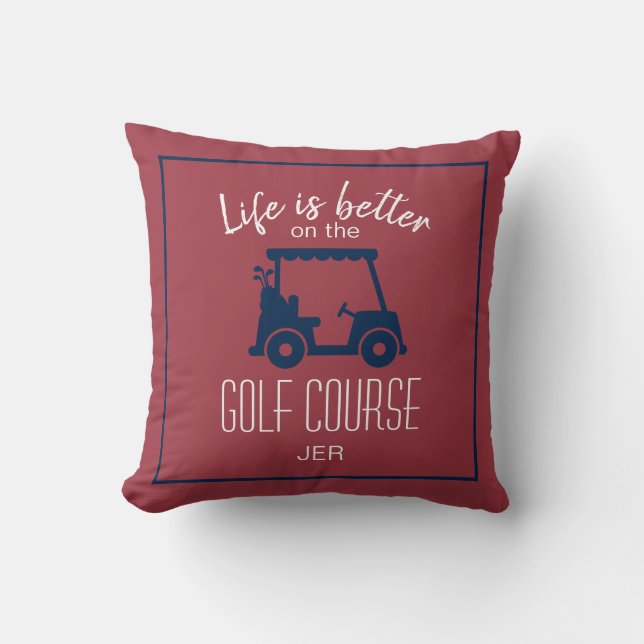 Söt golfkärra golfare golfbana citat röd blå kudde (Framsida)