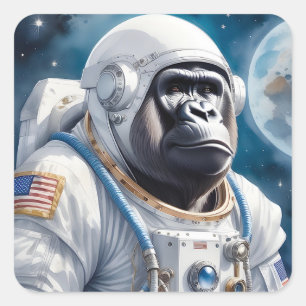 Söt Gorilla i Astronaut Kostym i Rymden Fyrkantigt Klistermärke