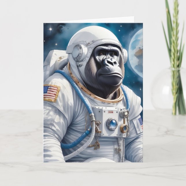 Söt gorilla i astronautdräkt i yttre rymden kort (Framsida)