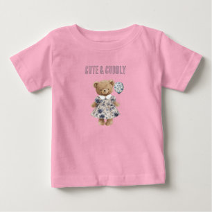 Söt Gosedjur Björn i Blå Blommig Klänning T Shirt