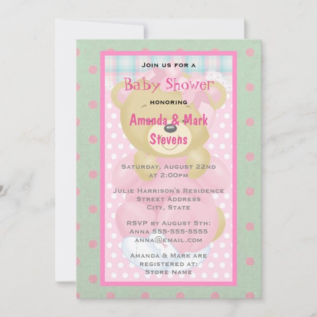 Söt gosig björn iklädd rosa baby shower inbjudningar (Framsida)