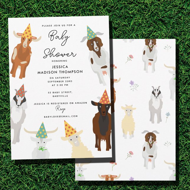 Söt Götgårds Fest Djur Get Baby Shower Inbjudningar (Cute Goats Farm Party Animals Goat Baby Shower Invitation)