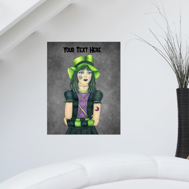 Söt Goth Girl Grönt Ögon Hat Tattoos Mörk Grått Poster (Pretty young Goth girl tattoos green hat fingerless gloves on spooky dark grey artwork poster.)