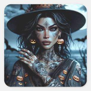 Söt Gothic Witch med Tattoos Halloween Fyrkantigt Klistermärke