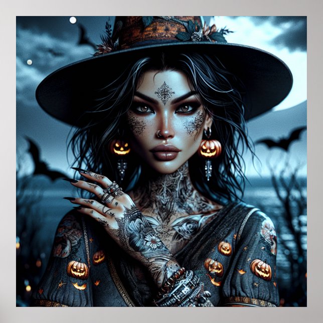 Söt Gothic Witch med Tattoos Halloween Poster (Framsidan)