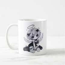 Söt gotisk ängel fe Chibi svart & vit anime