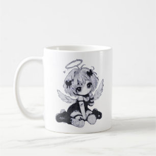 Söt gotisk ängel fe Chibi svart & vit anime Kaffemugg