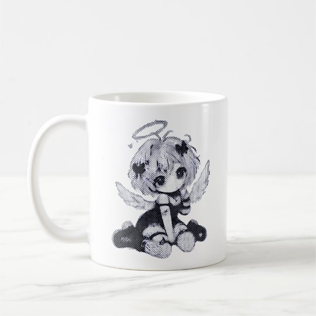 Söt gotisk ängel fe Chibi svart & vit anime Kaffemugg (Vänster)