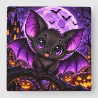 Söt gotisk lila fladdermus Halloween-måne Fyrkantig Klocka
