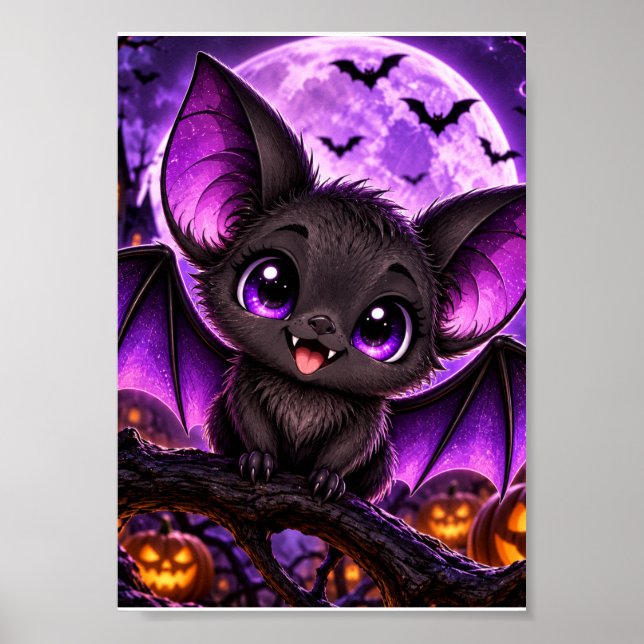 Söt gotisk lila fladdermus Halloween-måne Poster (Framsidan)