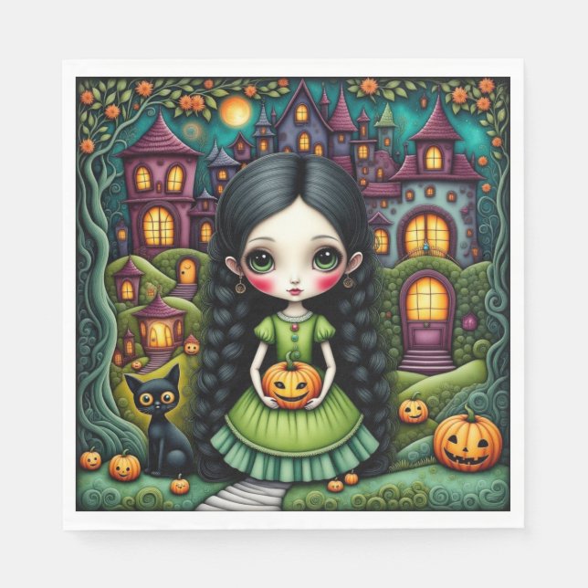 Söt gotisk tjej Pumpa Halloween-by Pappersservett (Framsidan)
