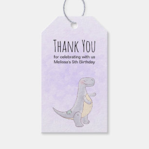 Söt grå dinosaurieleksak Vattenfärg födelsedag Presentetikett