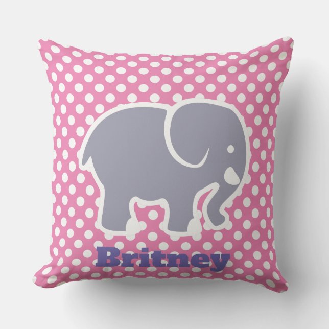 Söt grå elefant på prickig mönster monogram kudde (Framsida)