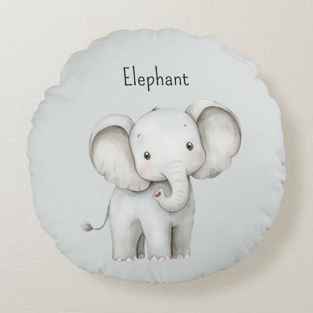 Söt Grå Elefant Rund Kudde (Framsidan)
