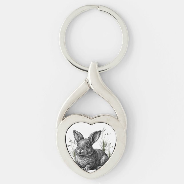Söt grå kanin bland gräset twisted heart silverfärgad nyckelring (Framsidan)