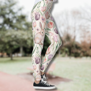 Söt grå kanin med färgglada tulpaner leggings