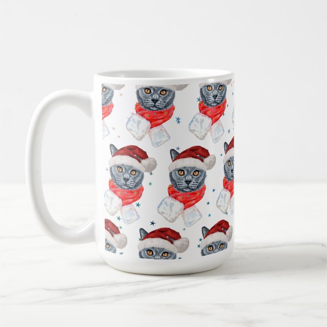 Söt grå katt akvarell med halsduk kaffemugg (Vänster)