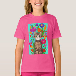 Söt grå katt med färgglada blommor t shirt