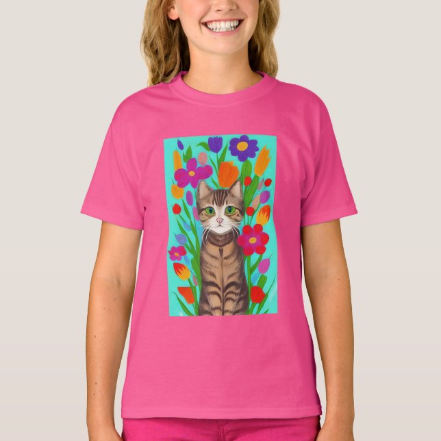 Söt grå katt med färgglada blommor t shirt (Framsida)
