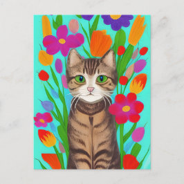 Söt grå katt med färgglada blommor vykort