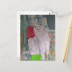 Söt grå katt mixed media collage vykort