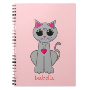 Söt grå katt & namn kalligrafi på rosa anteckningsbok