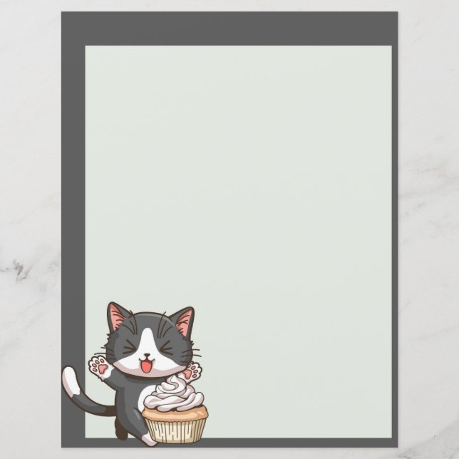 Söt grå katt och cupcakes Papper Ark (Framsida)